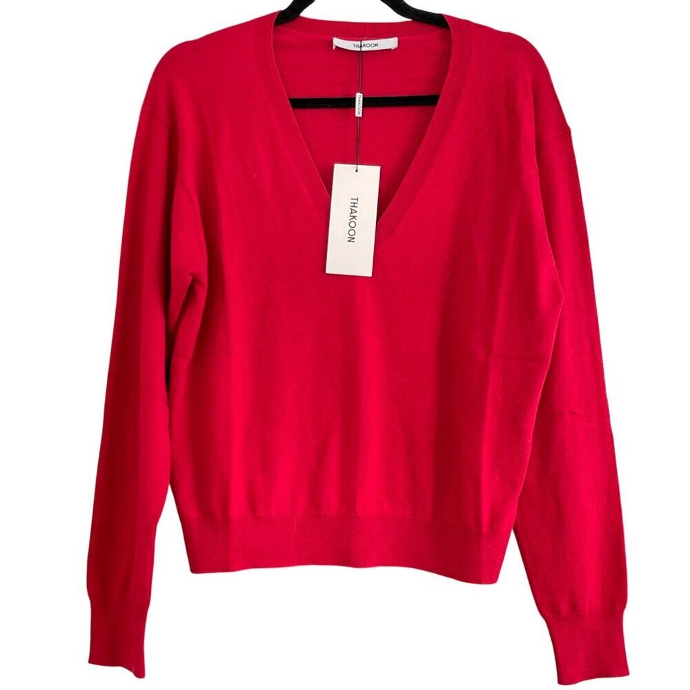 Thakoon Womens V-Neck Red Sweater Large Cotton Viscose Blend Large NEW